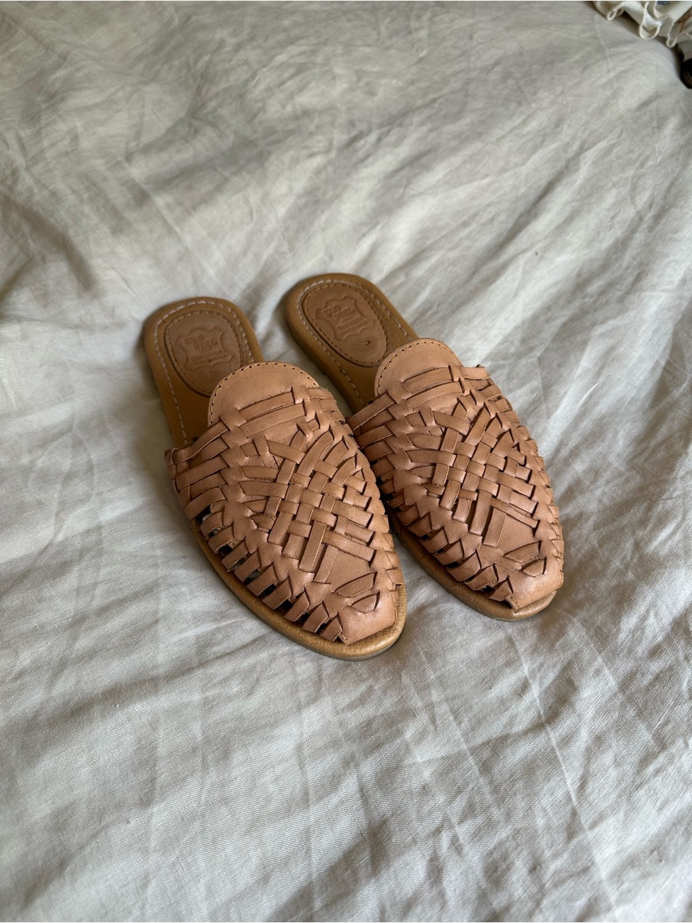 Woven Leather Slide Mules in Tan